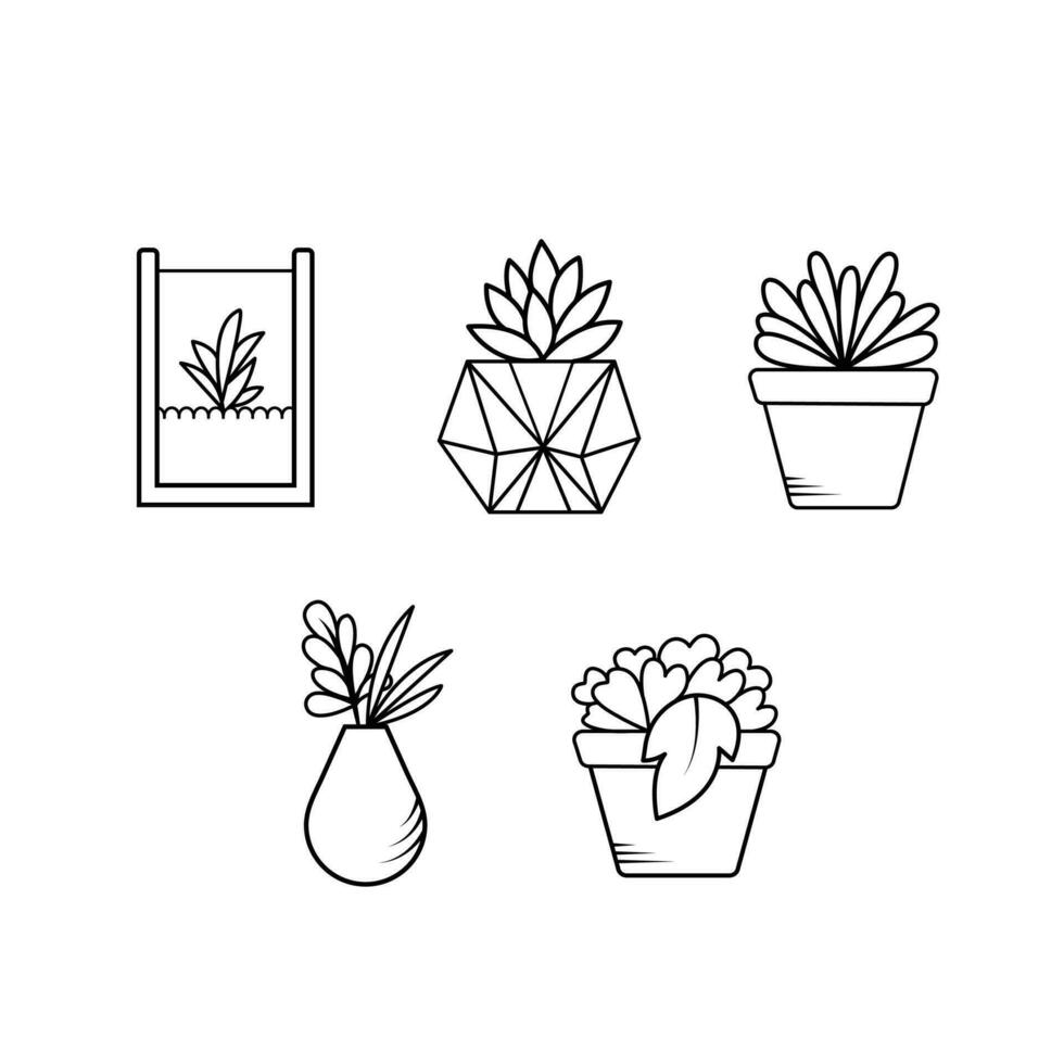 Cactus pot or home desk plant vector icon set illustration isolated on square white background. Simple flat minimalist outlined cartoon drawing. Botanical natural garden art.