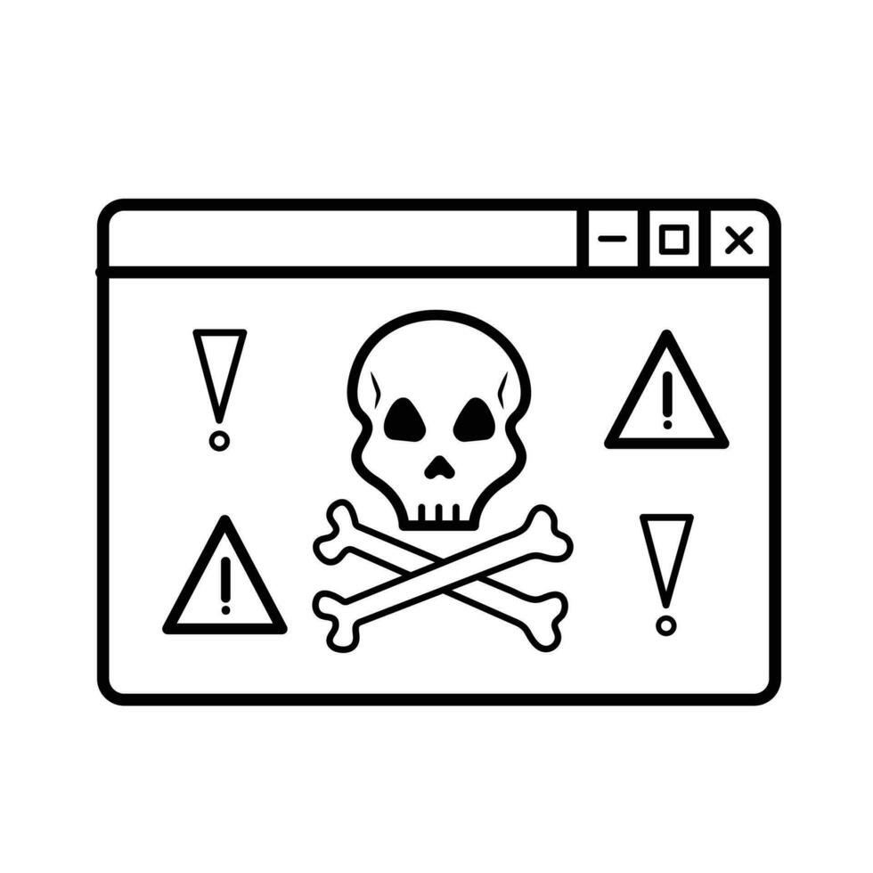 Dangerous website with skull and warning exlamation mark sign vector icon outlined isolated on square white background. Simple flat cartoon art styled drawing with cyber internet security.