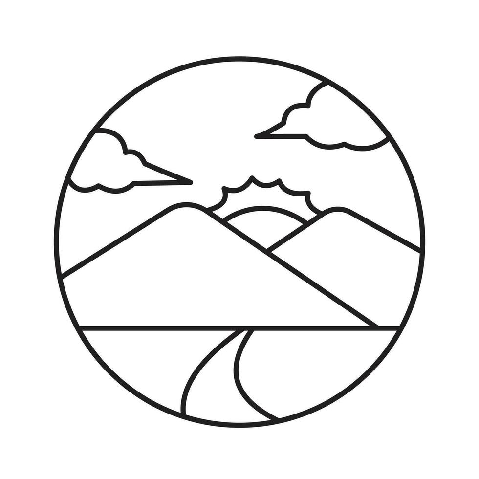 Sunset or dawn behind two mountains with street and clouds on the sky background vector icon isolated on square white background. Simple flat minimalist outlined drawing with farming theme.