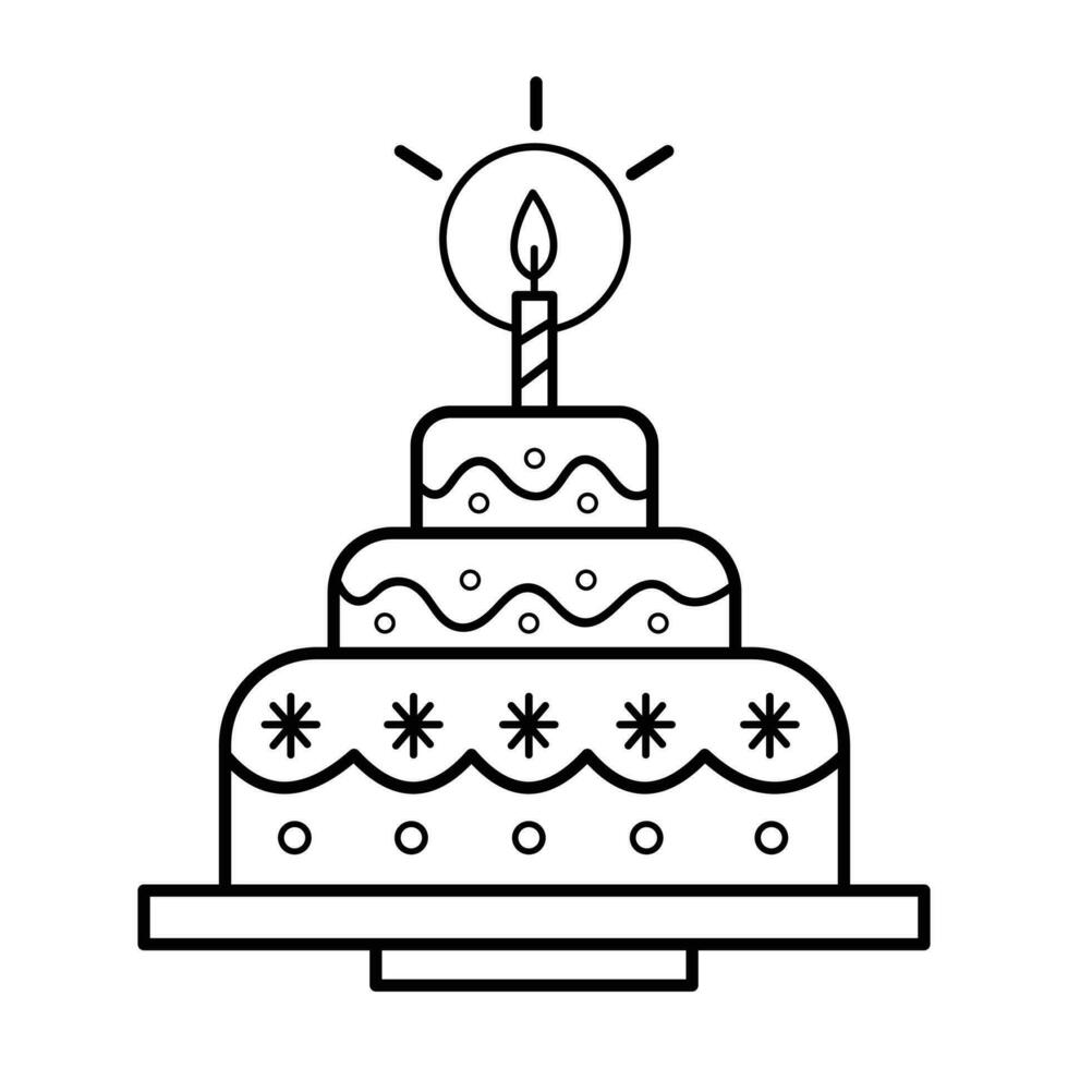 Three layer birthday cake with one candle and icing vector icon outline isolated on square white background. Simple flat minimalist outlined drawing with birthday party celebration theme.
