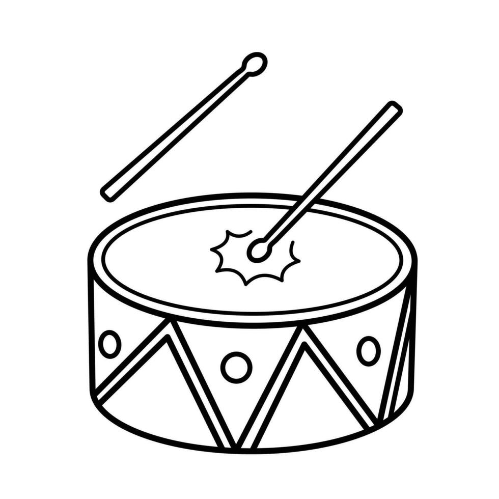 Playing beaten one single drum with two sticks vector icon illustration isolated on square white background. Simple flat minimalist musical instruments items drawing.