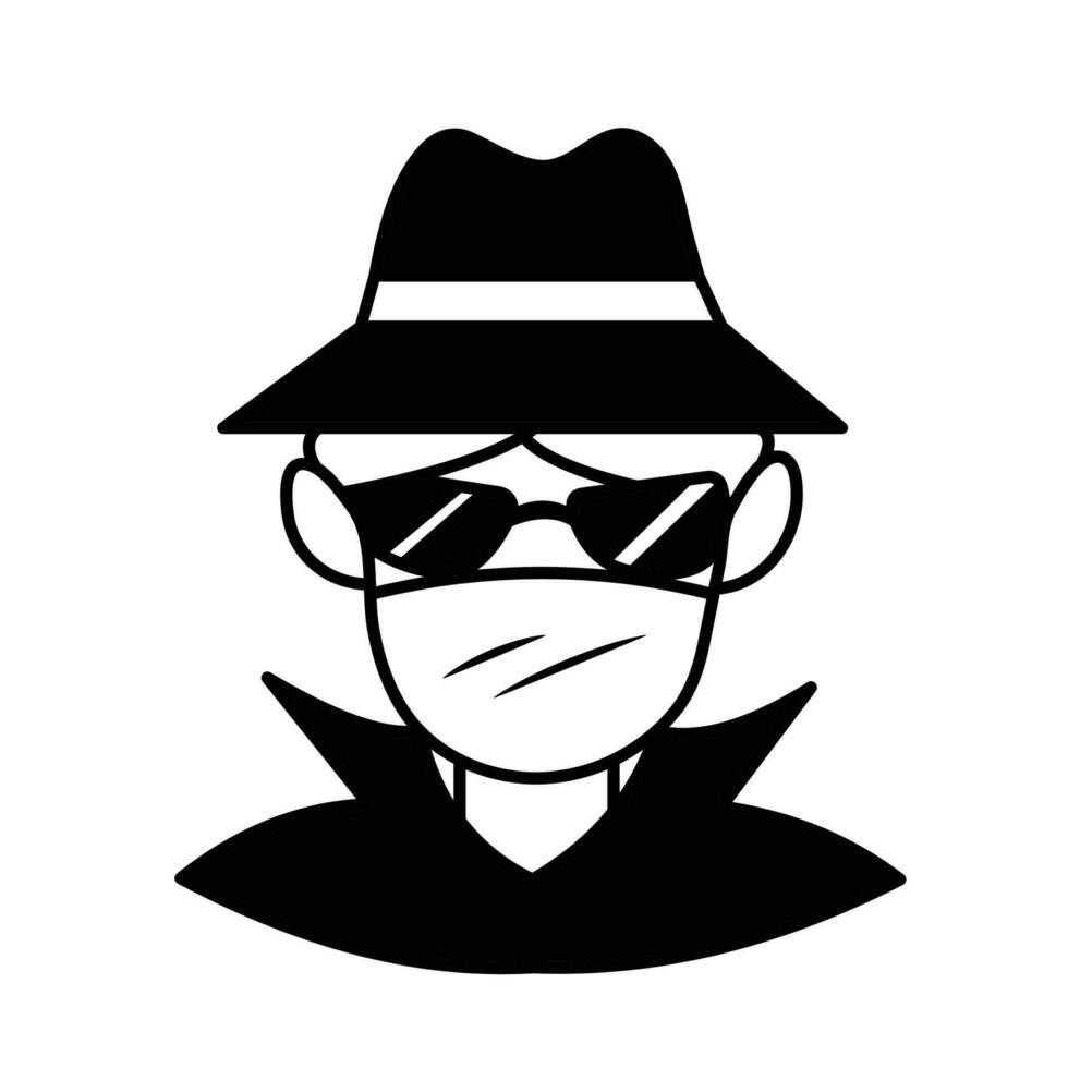 Incognito or anonymous person wearing black hat and coat with sunglasses vector icon isolated on square white background. Simple flat cartoon art styled drawing with cyber internet security.