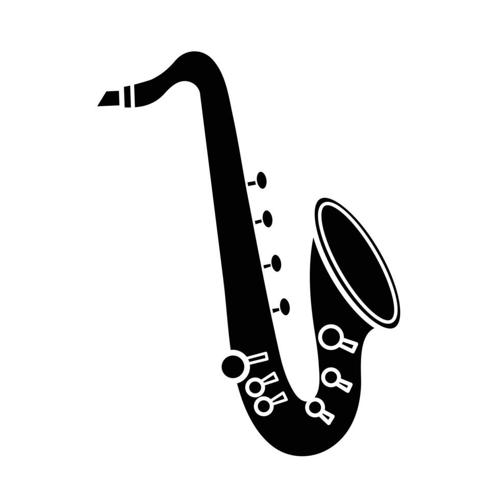One single saxophone trumpet musical instrument vector icon black silhouette isolated on square white background. Simple flat minimalist musical instruments items drawing.