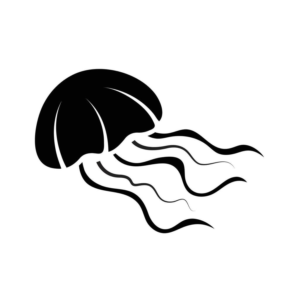 Swimming jellyfish vector icon black silhouette outline isolated on square white background. Simple flat sea marine animal creatures outlined cartoon drawing.