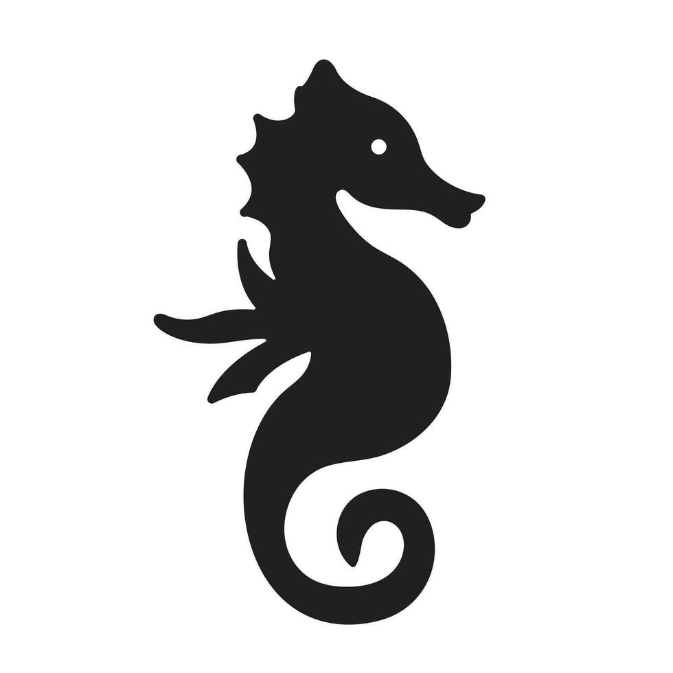 Sea horse vector icon black silhouette outline isolated on square white background. Simple flat sea marine animal creatures outlined cartoon drawing.