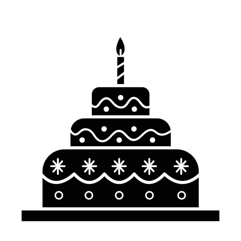 Three layered birthday cake with one candle and icing vector icon black silhouette outline isolated on square white background. Simple flat minimalist outlined drawing with birthday party celebration.