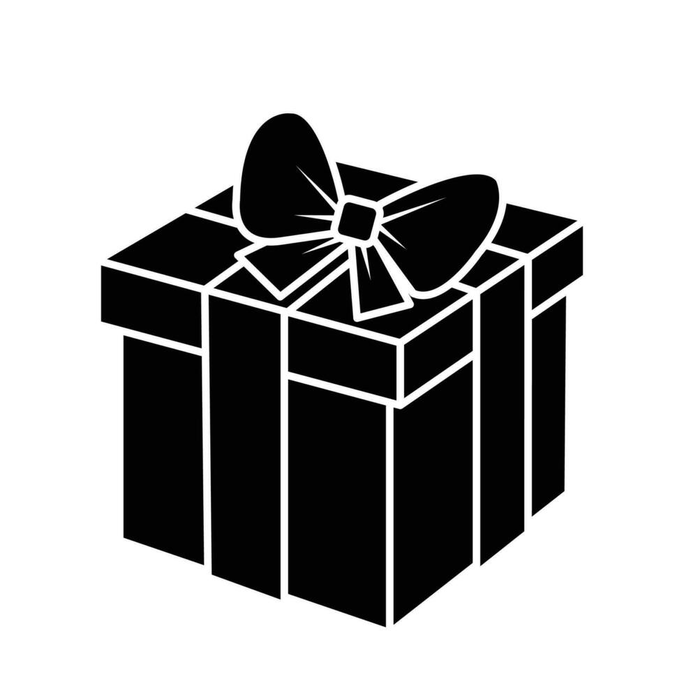 One gift box with tied bow black silhouette vector icon outline isolated on square white background. Simple flat minimalist outlined drawing with birthday party celebration theme.