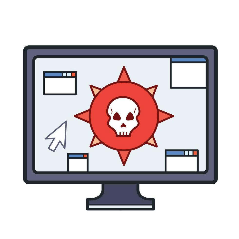 peligroso rojo computadora virus o bomba con cráneo y popular arriba ventanas de colores vector icono contorno aislado en cuadrado blanco antecedentes. sencillo plano dibujos animados Arte estilizado dibujo con ciber Internet seguridad.