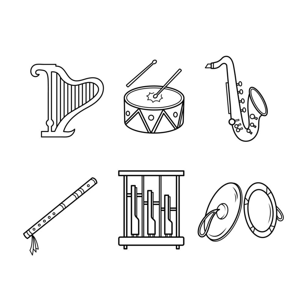 Musical instrument equipment vector icon set outlined collection isolated on square white background. Simple flat minimalist musical instruments items drawing.