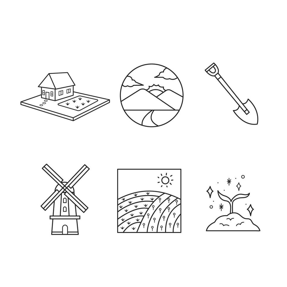 Farming or village countryside themed vector icon set collection outline isolated on square white background. Simple flat minimalist outlined drawing with farming theme.