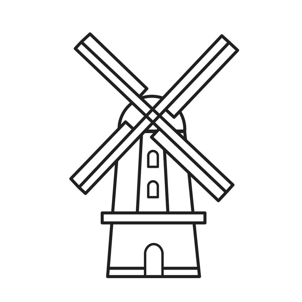 Windmill vector icon outline isolated on square white background. Simple flat minimalist outlined drawing with farming theme.