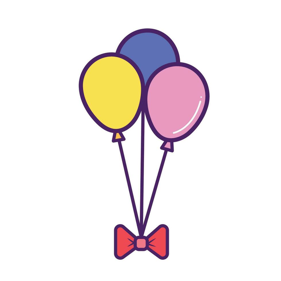 Three balloons with bow vector full colored yellow, blue, pink icon outline isolated on square white background. Simple flat minimalist outlined drawing with birthday party celebration theme.
