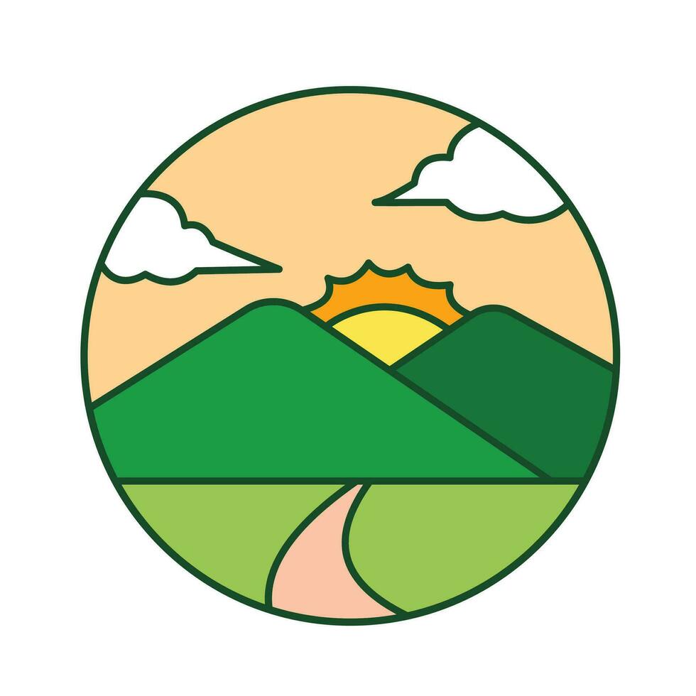 Sunset behind two green mountains with street and clouds on the orange sky background vector icon isolated on square white background. Simple flat minimalist outlined drawing with farming theme.