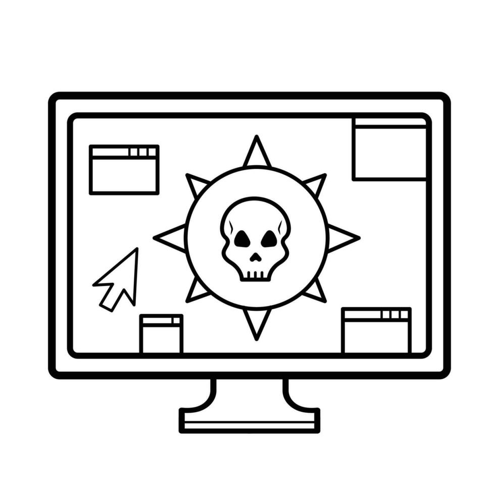 Dangerous computer virus with skull and pop up windows vector icon outline isolated on square white background. Simple flat cartoon art styled drawing with cyber internet security.