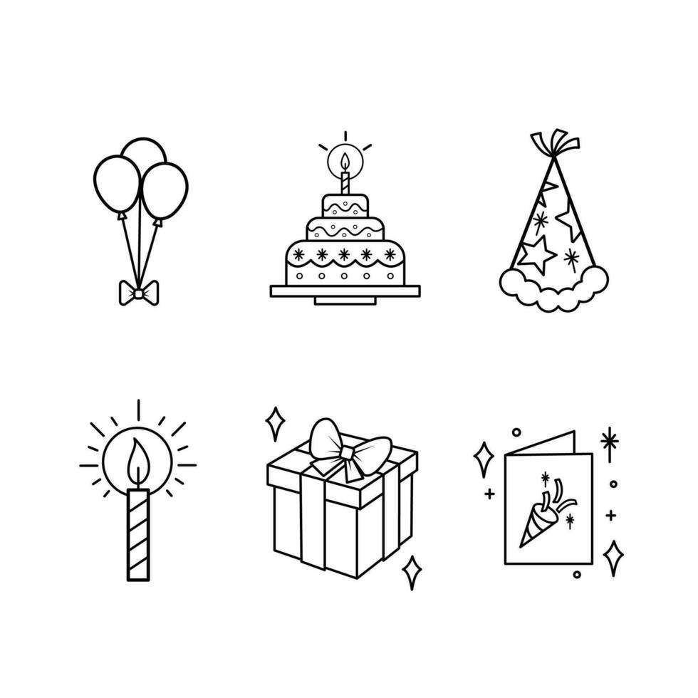 Birthday party celebration themed vector six icon set outline isolated on square white background. Simple flat minimalist outlined drawing with birthday party celebration theme.