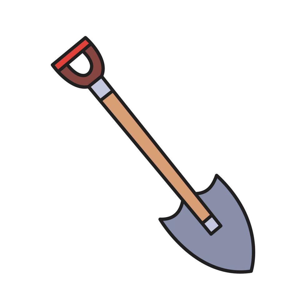 One single shovel with wooden handle collored vector icon outlined isolated on square white background. Simple flat minimalist outlined drawing with farming theme.