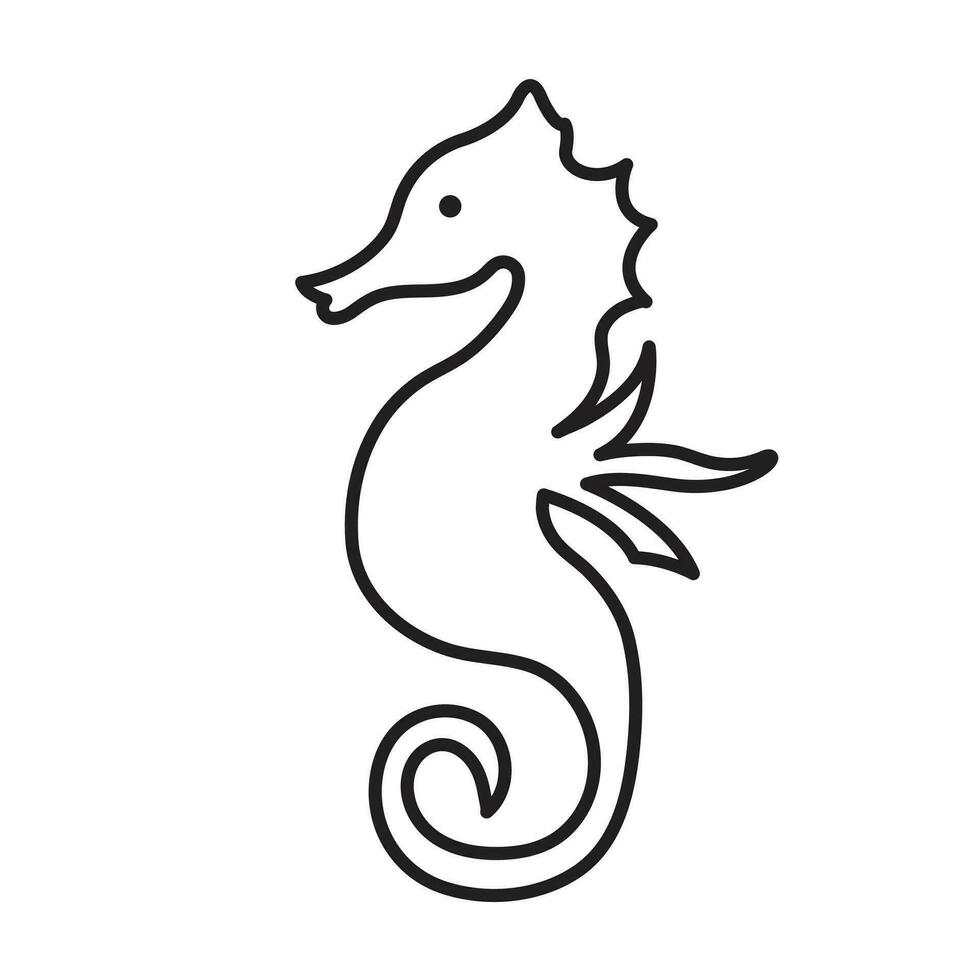 Sea horse vector icon outline isolated on square white background. Simple flat sea marine animal creatures outlined cartoon drawing.
