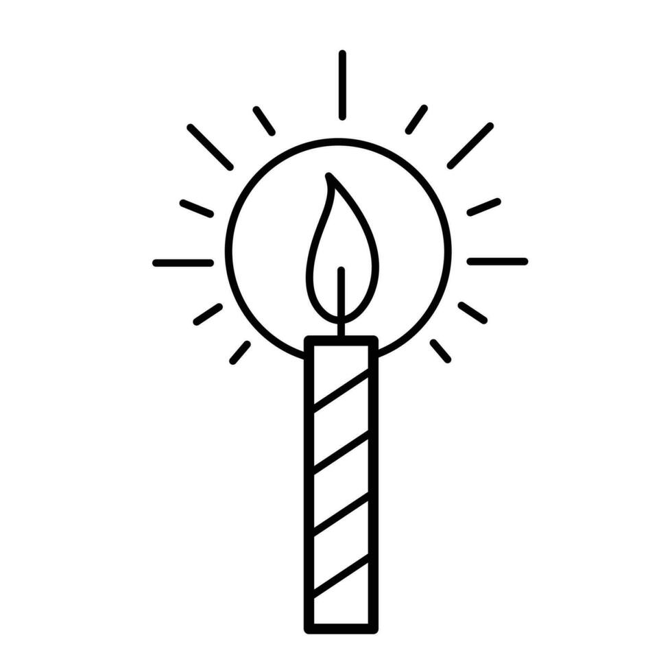 One bright light striped candle vector icon outline isolated on square white background. Simple flat minimalist outlined drawing with birthday party celebration theme.