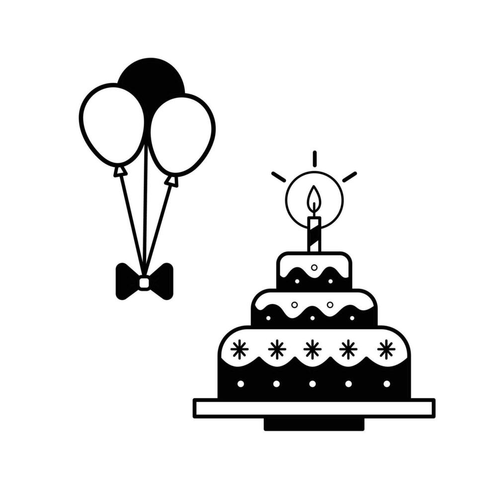 Birthday party celebration themed balloon and birthday cake vector icon set black white outlined isolated on square white background. Simple flat minimalist outlined drawing with birthday party theme.