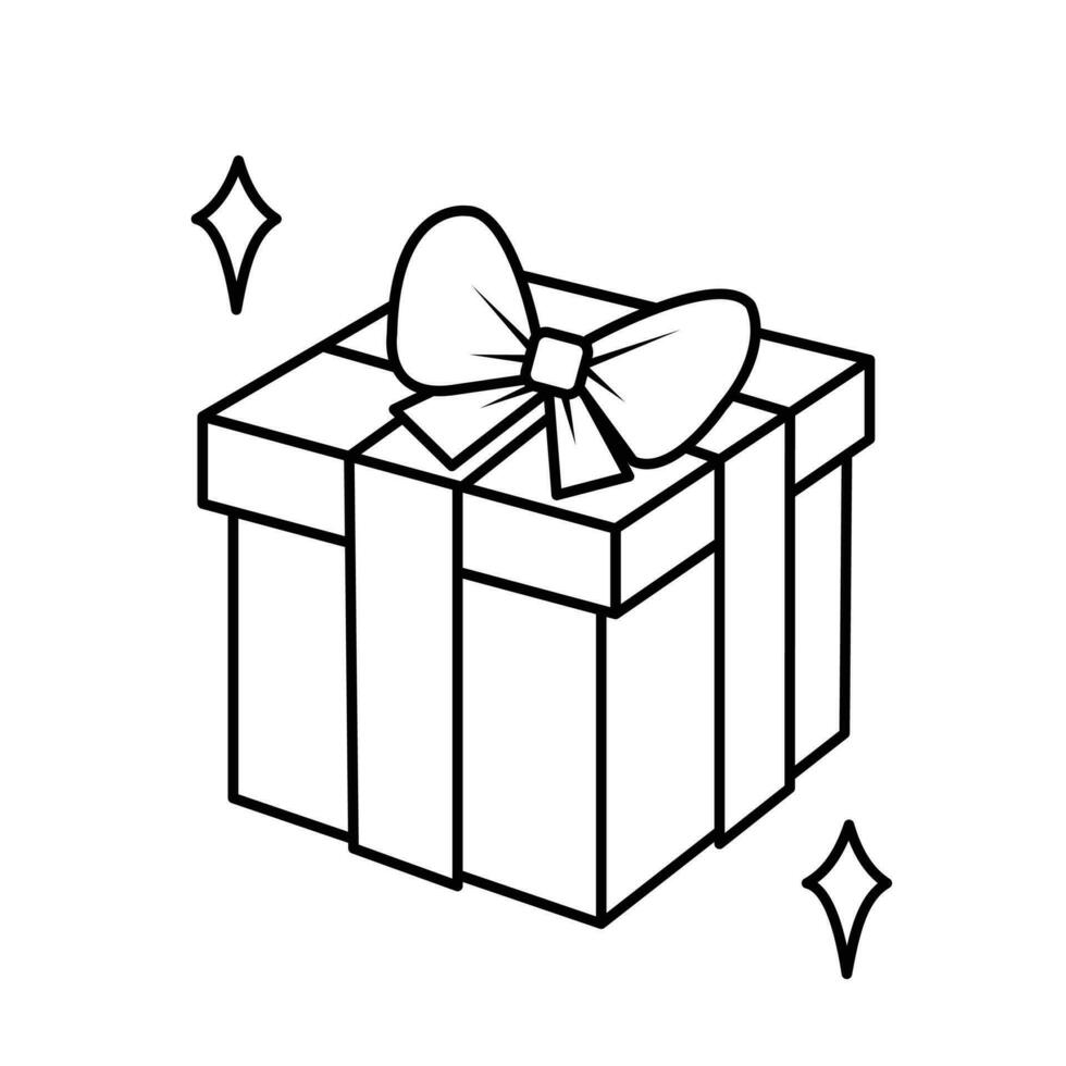 One gift box with tied bow and sparkling stars vector icon outline isolated on square white background. Simple flat minimalist outlined drawing with birthday party celebration theme.
