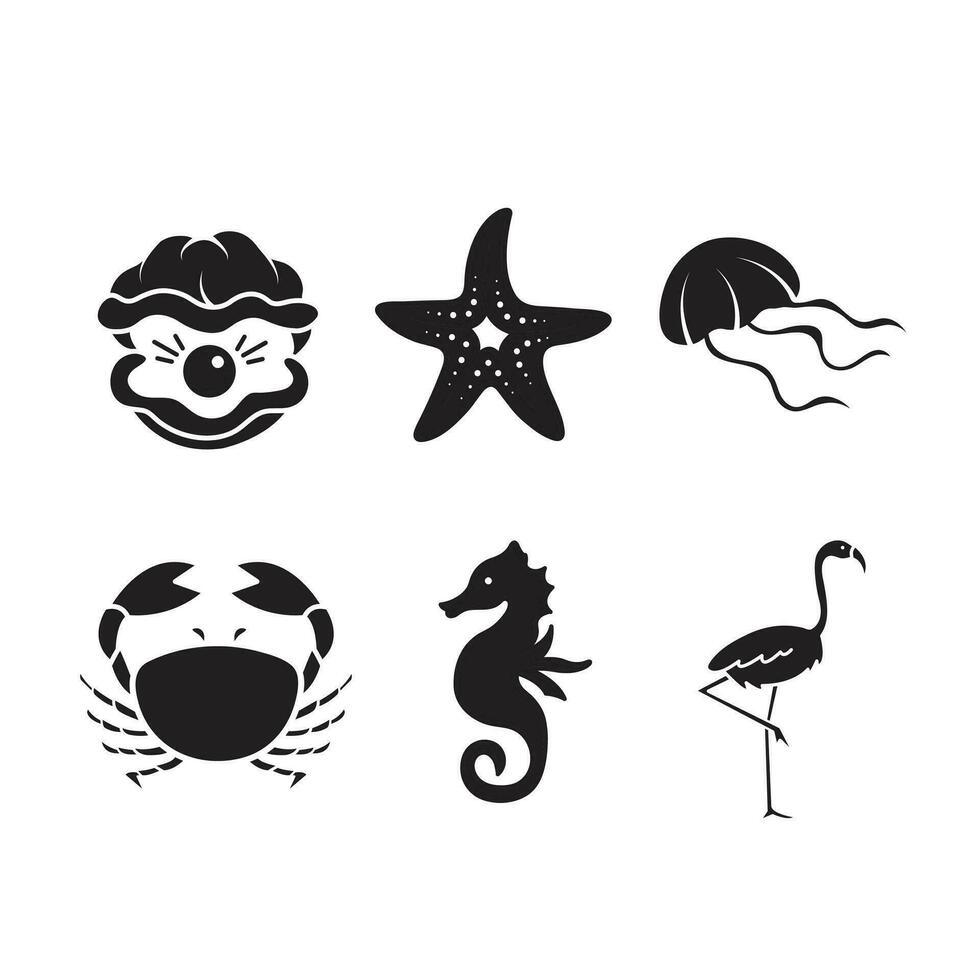 Beach or sea marine animals negative black silhouette vector icon set collection isolated on square white background. Simple flat sea marine animal creatures outlined cartoon drawing.
