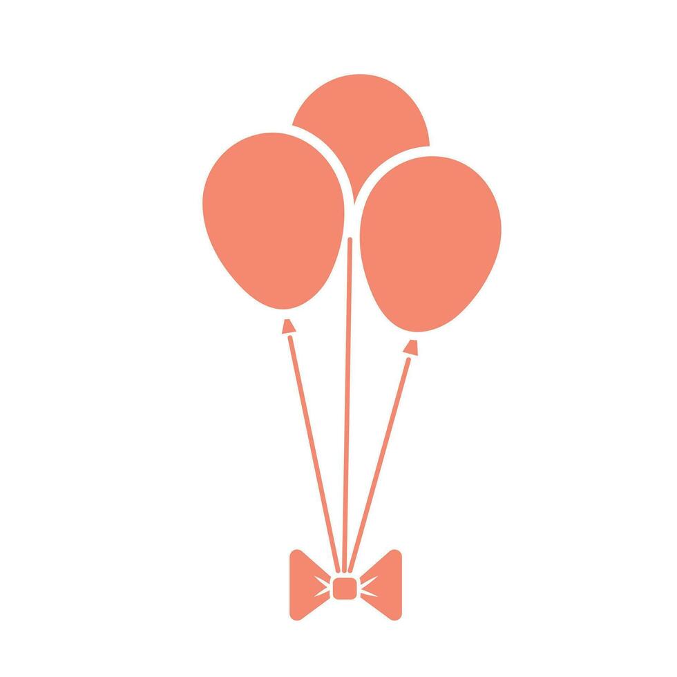 Three balloons with bow colored pink or peach vector icon silhouette outline isolated on square white background. Simple flat minimalist outlined drawing with birthday party celebration theme.