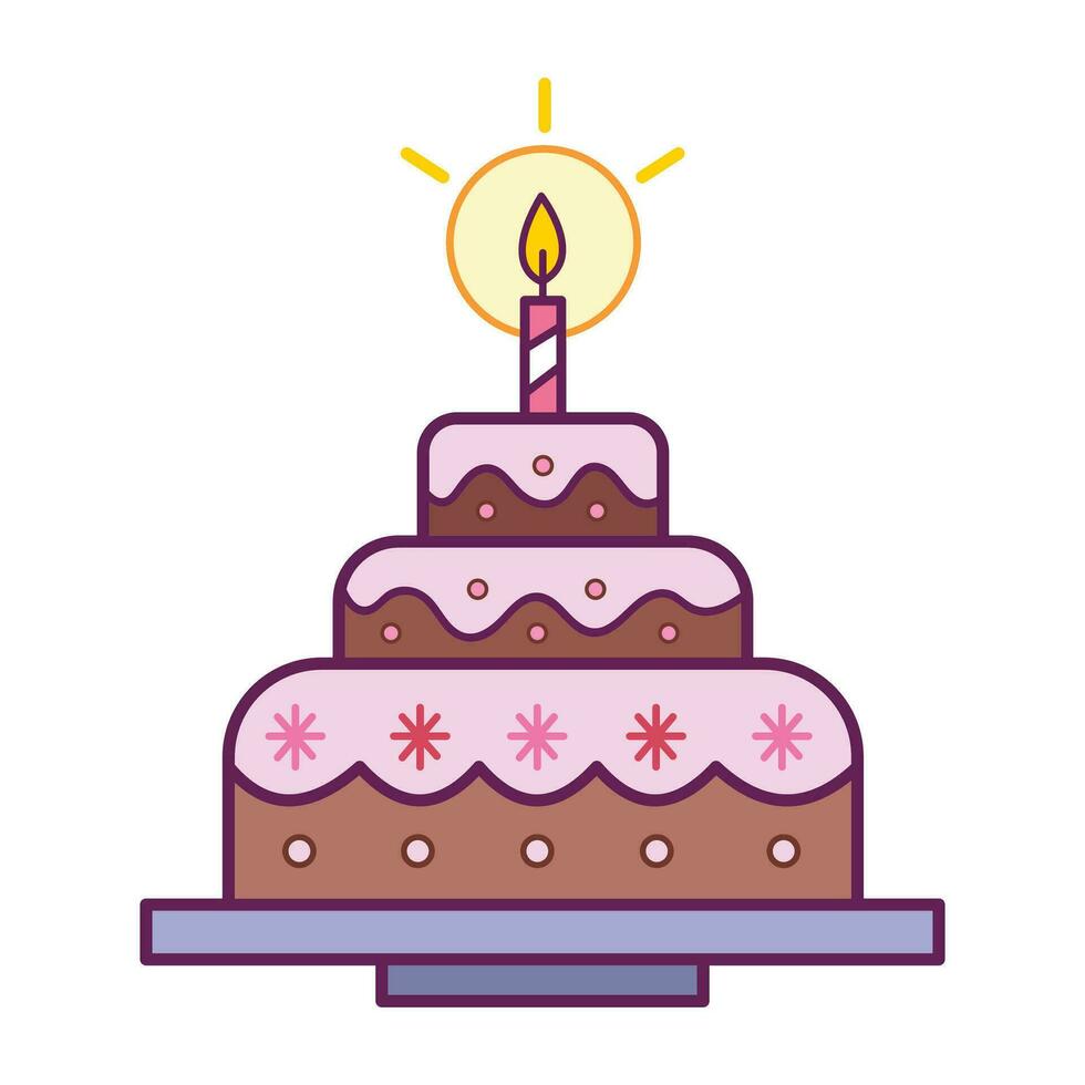 Tres chocolate en capas cumpleaños pastel con uno rojo vela y fresa Formación de hielo lleno de colores vector icono resumido aislado en cuadrado blanco antecedentes. sencillo plano minimalista resumido dibujo.