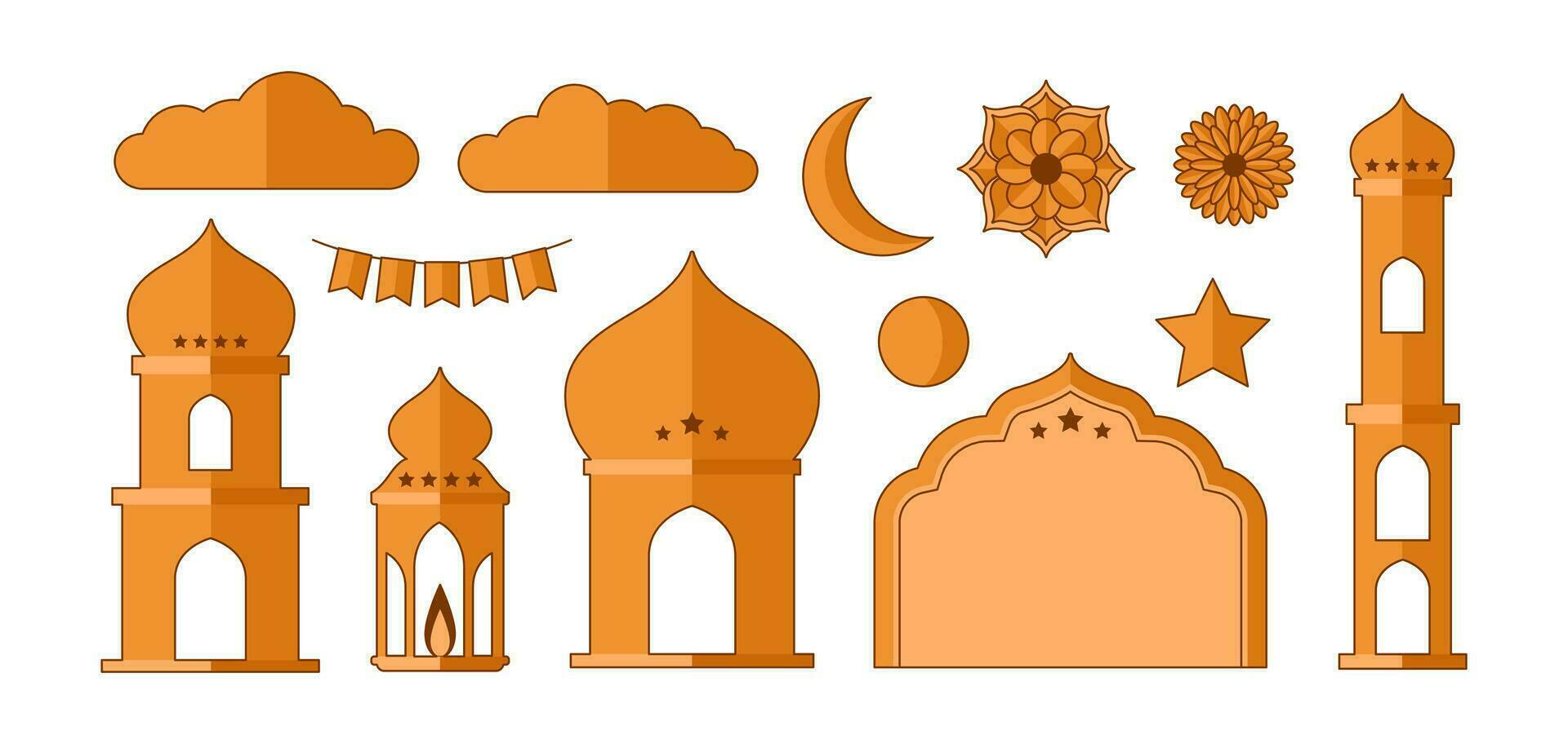 Set of islamic ornamental element. Arabic architecture, mosque, objects. vector