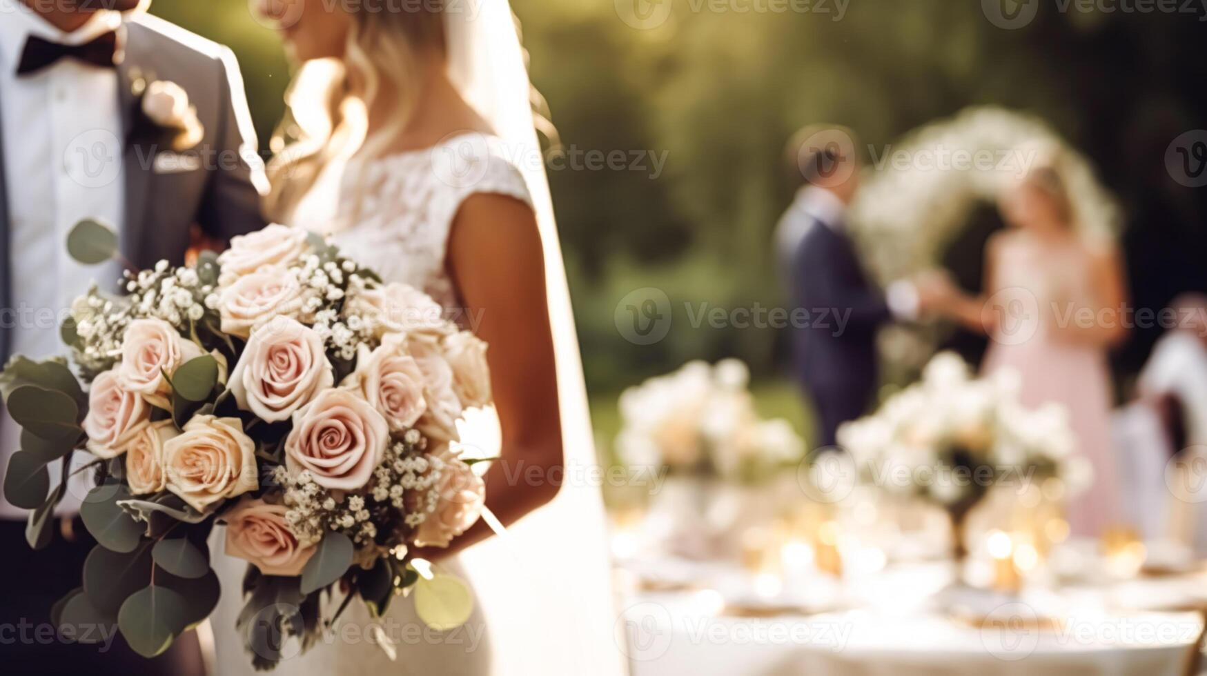 Wedding ceremony and celebration, bride and groom at a beautiful outdoor venue on a sunny day, luxury wedding decor with flowers and bridal bouquet, generative ai photo