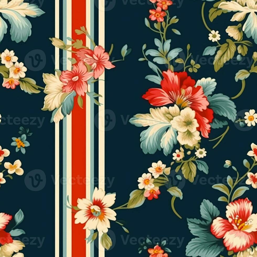 Seamless pattern with flowers, classic country cottage style floral and stripes print for wallpaper, fabric and product design, generative ai photo