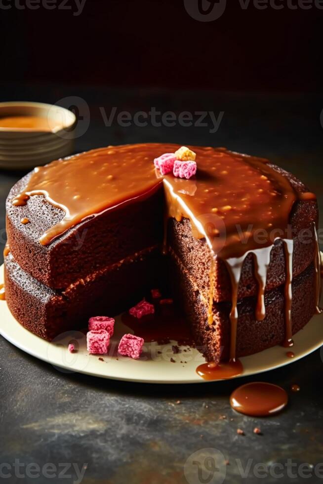 Food, bakery and holiday baking recipe, chocolate cake pudding with cocoa caramel sauce, photo