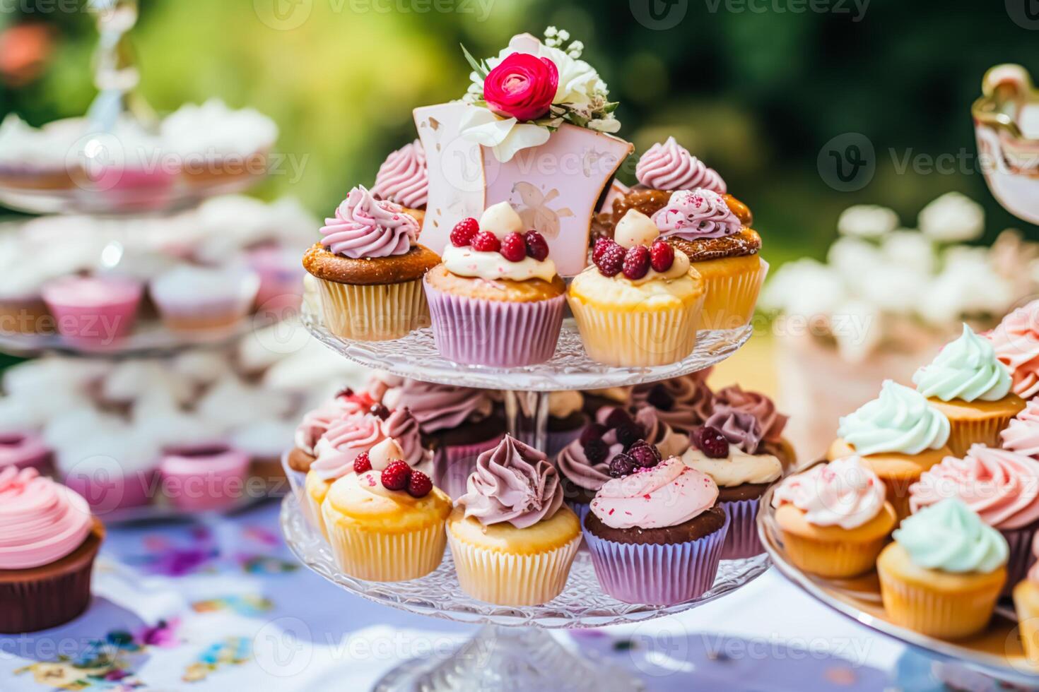 pastelitos, pasteles, bollos y magdalenas y fiesta decoración al aire libre a el Inglés país estilo jardín, dulce postres para boda, cumpleaños o fiesta celebracion, generativo ai foto