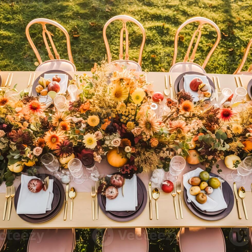 Top view of autumn table scape, autumnal dinner table setting, holiday tablescape for wedding, birthday or party event celebration, photo