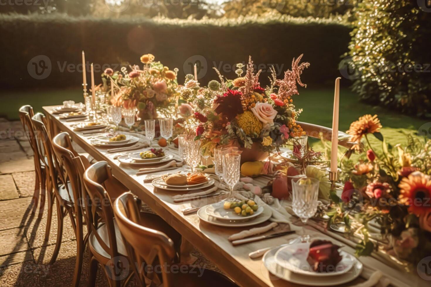 Autumn table scape, autumnal dinner table setting, holiday tablescape for wedding, birthday or party event celebration, photo