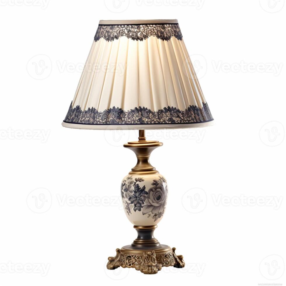 Vintage country style antique table lamp with a beautiful lampshade design isolated on white background, interior design and cottage home decor, post-processed, photo