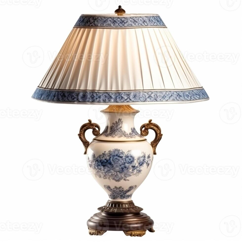 Vintage country style antique table lamp with a beautiful lampshade design isolated on white background, interior design and cottage home decor, post-processed, photo