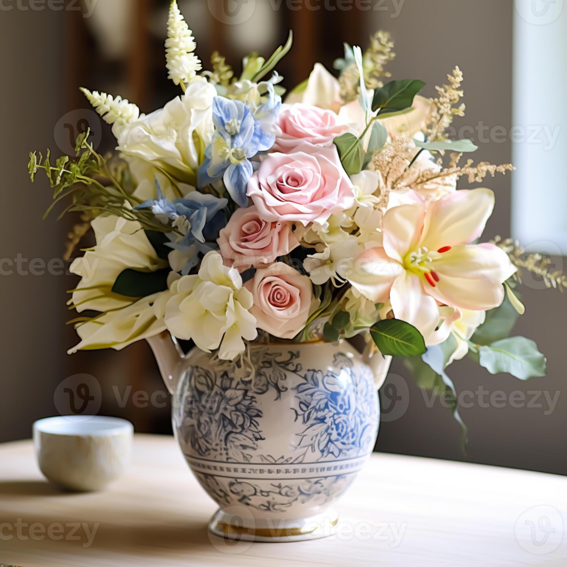 Beautiful bouquet of fresh flowers in a vintage vase, country style