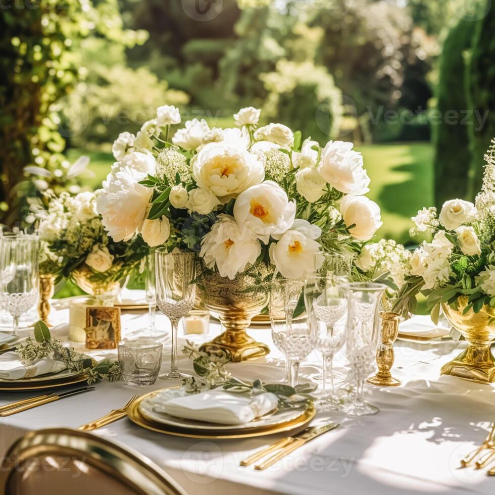 Holiday tablescape, formal dinner table setting, peony flowers table scape with peonies decoration for wedding party and event celebration, photo