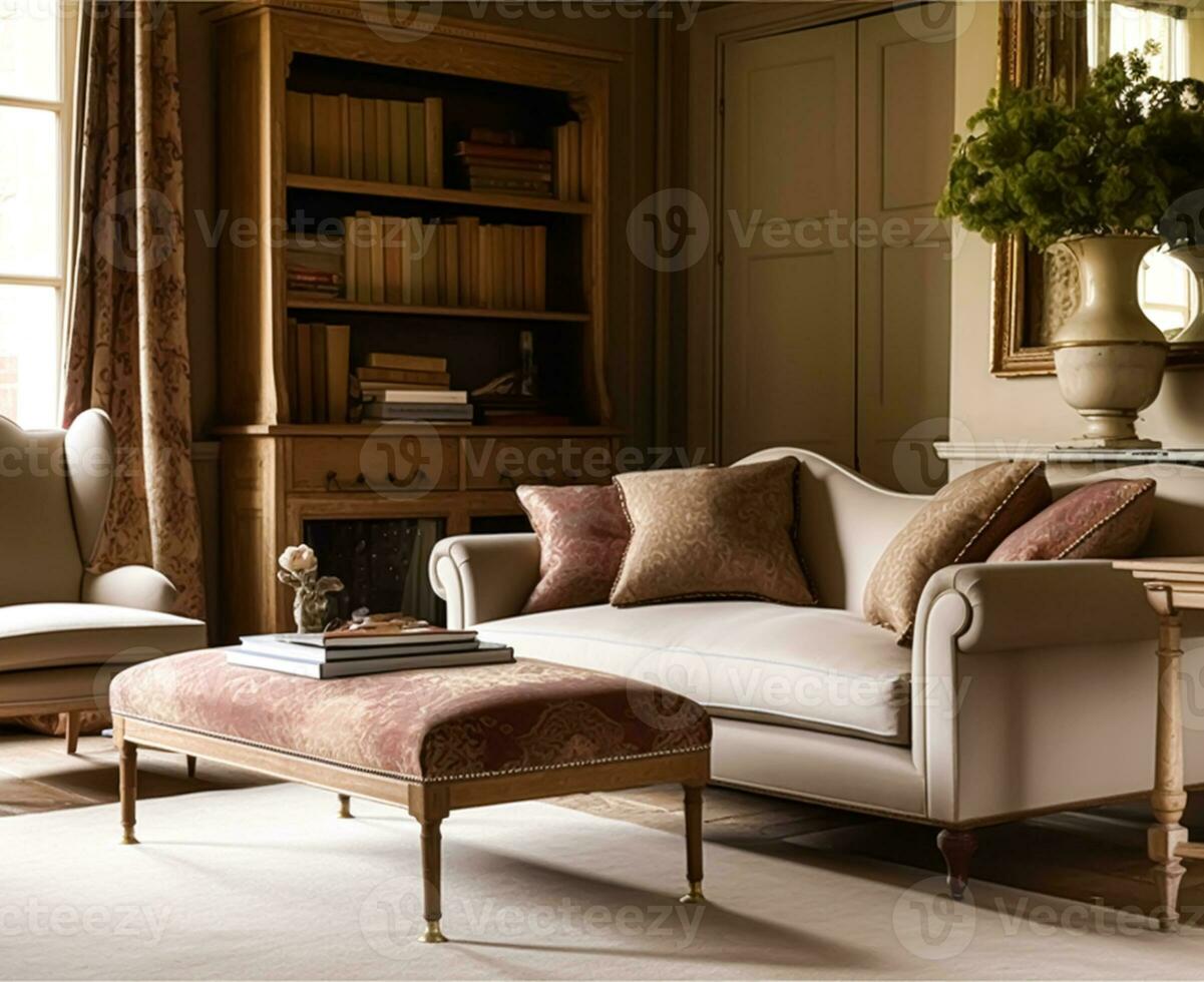 Elegant sitting room decor, interior design, living room furniture, sofa and home decor in English country house and elegant cottage style, generative ai photo