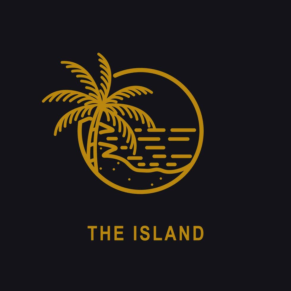 ocean wave tropical island and palm tree logo line art vector illustration