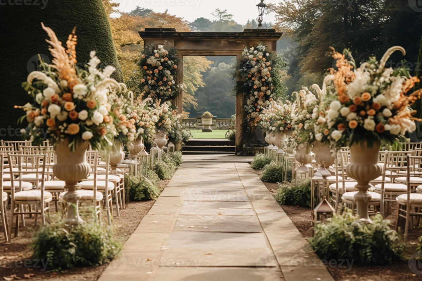 Boda decoración, floral decoración y evento celebracion, otoñal flores y Boda pasillo en el otoño jardín, país estilo, generativo ai foto