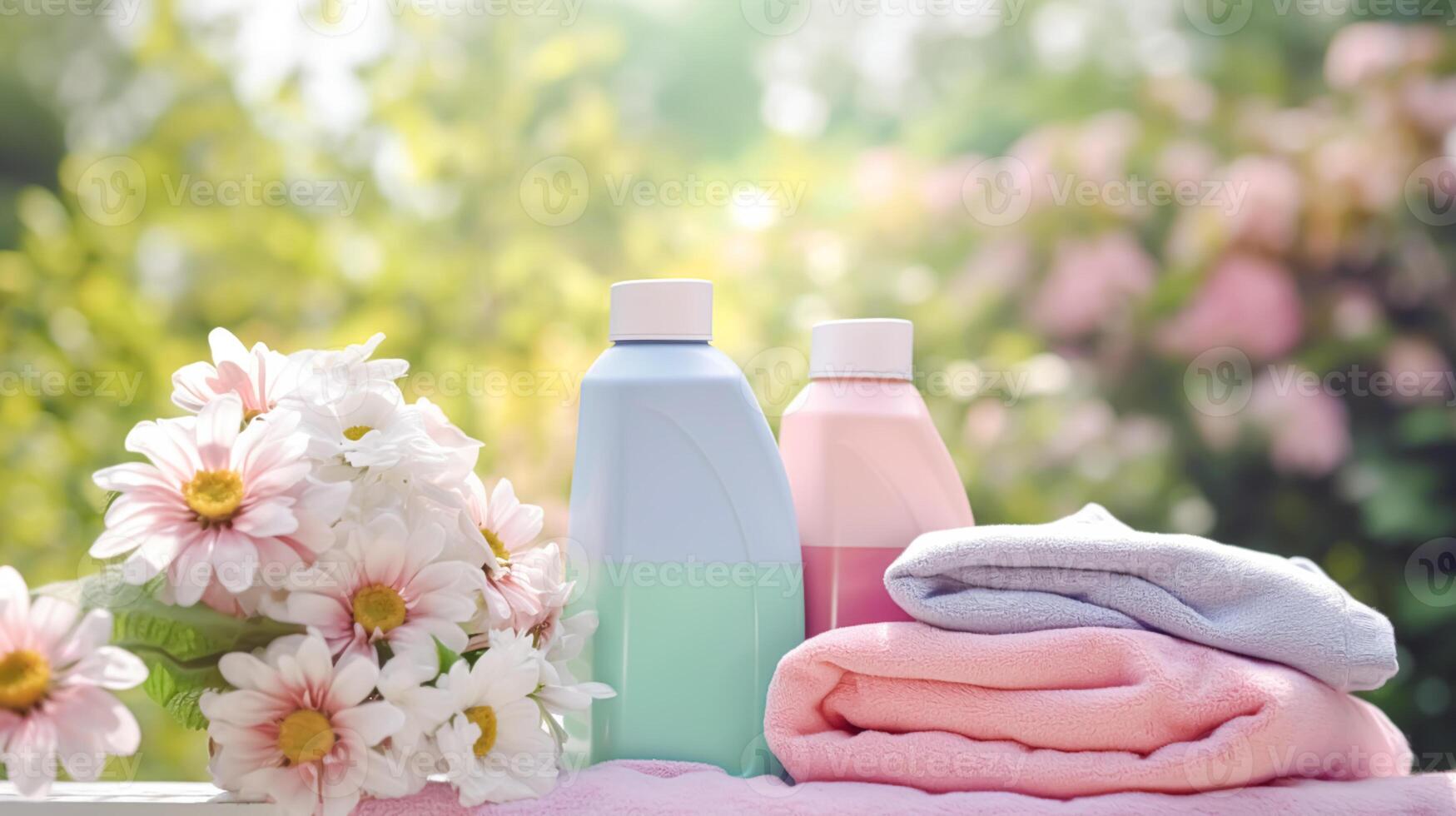 Laundry, housekeeping and homemaking, clean folded clothes and detergent conditioner bottles in the garden, country cottage style, photo