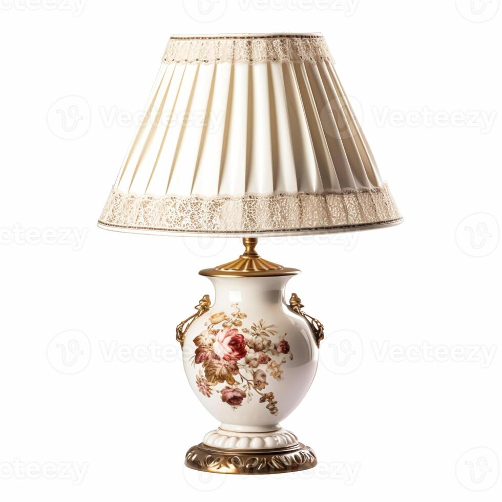 Vintage country style antique table lamp with a beautiful lampshade design isolated on white background, interior design and cottage home decor, post-processed, photo