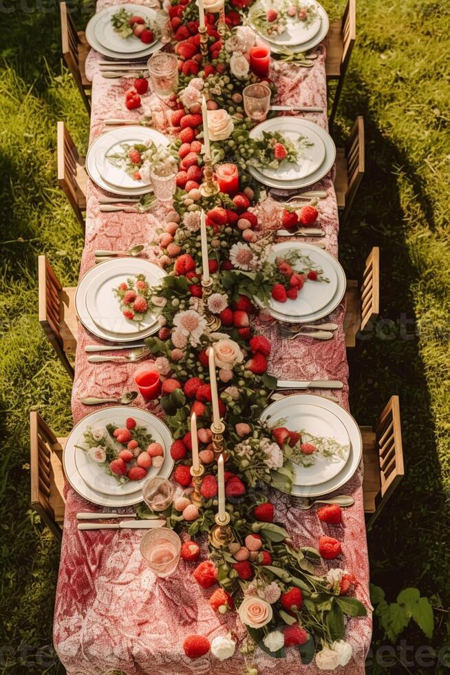 Country tablescape, formal dinner table setting, table scape with strawberry decoration for wedding party and holiday event celebration, photo