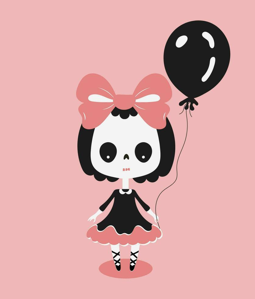 Vector illustration of girl skeleton with black balloon. Character for Halloween, girl in a dress. For the design of a package, sticker or card.