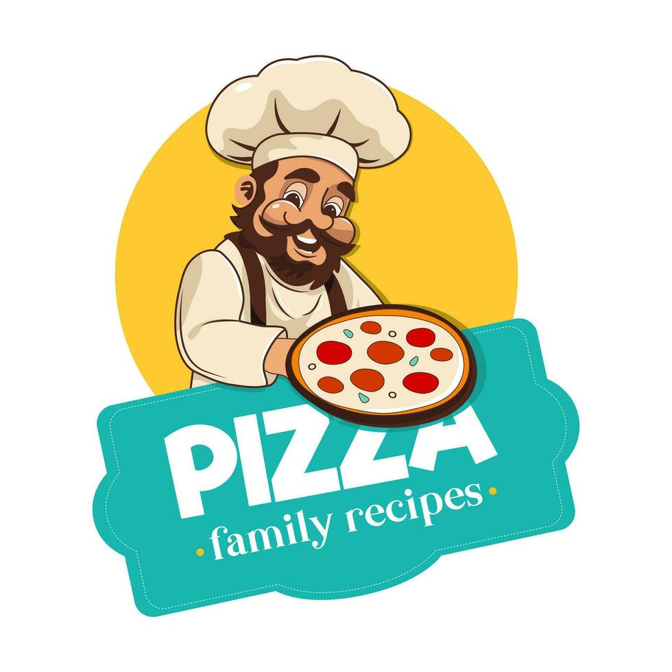 vector ilustración de un italiano cocinero participación un Pizza. mesa con Pizza escrito en él. imagen con un bonito bonito cocinero para un café o un Pizza entrega paquete impresión.