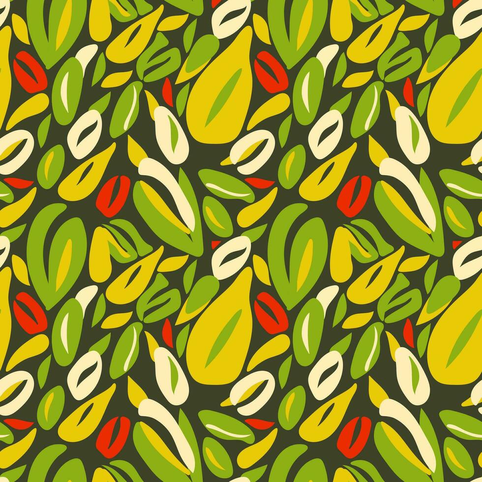 Seamless plant pattern. Seamless vector abstract plants and leaves in yellow and green with red accents and simple shapes. Plant print for textiles or packaging.