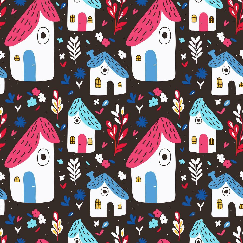 Seamless pattern of fabulous forest houses with flowers and leaves on dark background. Beautiful baby seamless pattern for fabric print, wallpaper or packaging. vector