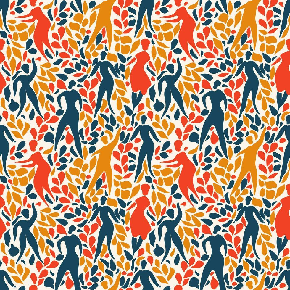 Seamless pattern with abstract people and plant leaves. Seamless vector with orange, pink and blue leaves and colored folk style people with simple shapes for packaging or textile print.