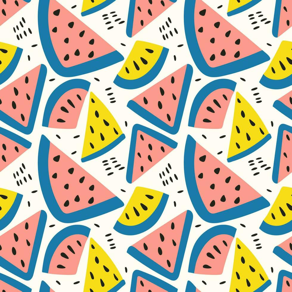 Seamless watermelon slice pattern. Seamless vector pink and yellow watermelon slices with blue peels in minimalist style for packaging and textile print.